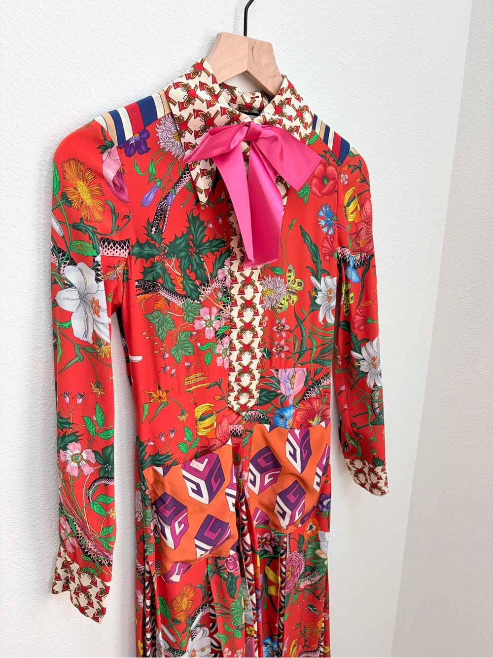 Gucci Flora Snake Dress L Aveugle Par Amour Pleated Patchwork Bow Silk Size 36 - Picture 7 of 15